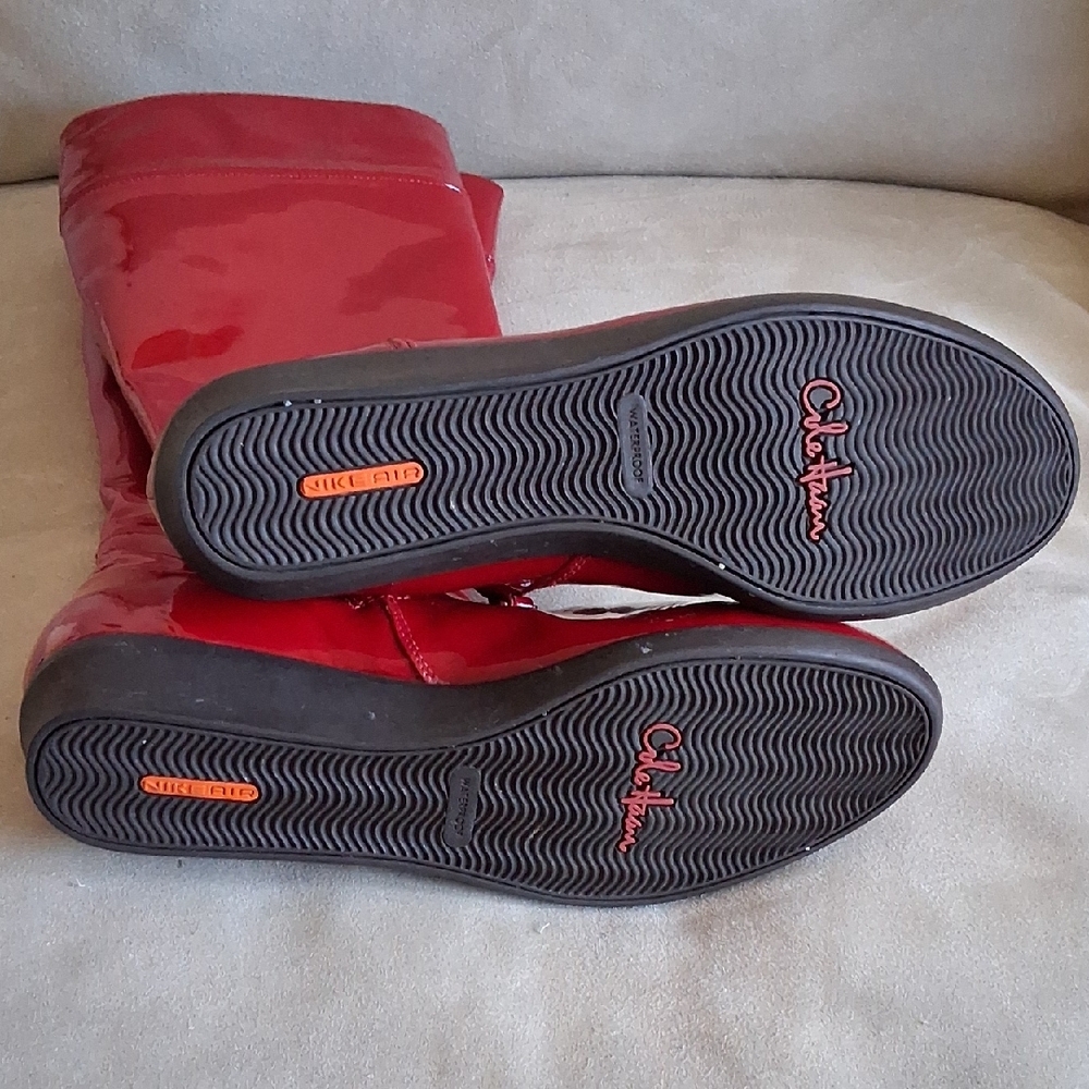 Cole Haan Shiny Red Patent Leather Knee High Boots w Zip Nike Air Waterproof 8.5 - Picture 4 of 4
